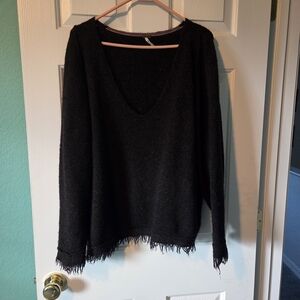 Free People Dark Brown V-Neck Sweater with Fringe